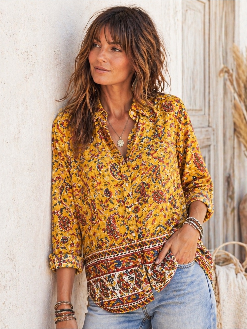 Sundance Yellow Paisley Boho Cotton Blouse Large Button Front Artisan Top
